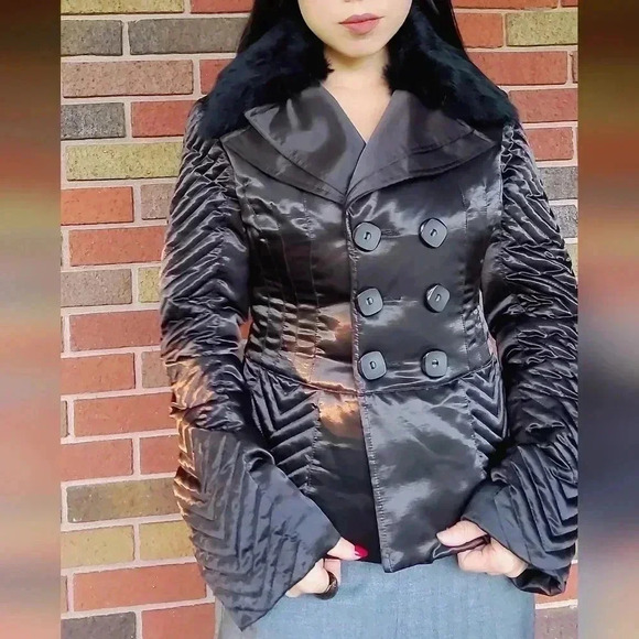 Bebe black Satin Quilted Pea Coat with fur collar Women's Size S - Picture 15 of 17